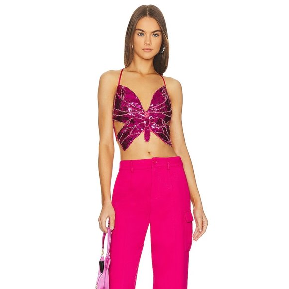 ☃️Pink Steve Madden Butterfly Sequin Halter Top - Picture 1 of 6